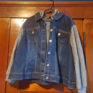 Denim Jacket with Sweatshirt Sleeves and Hood